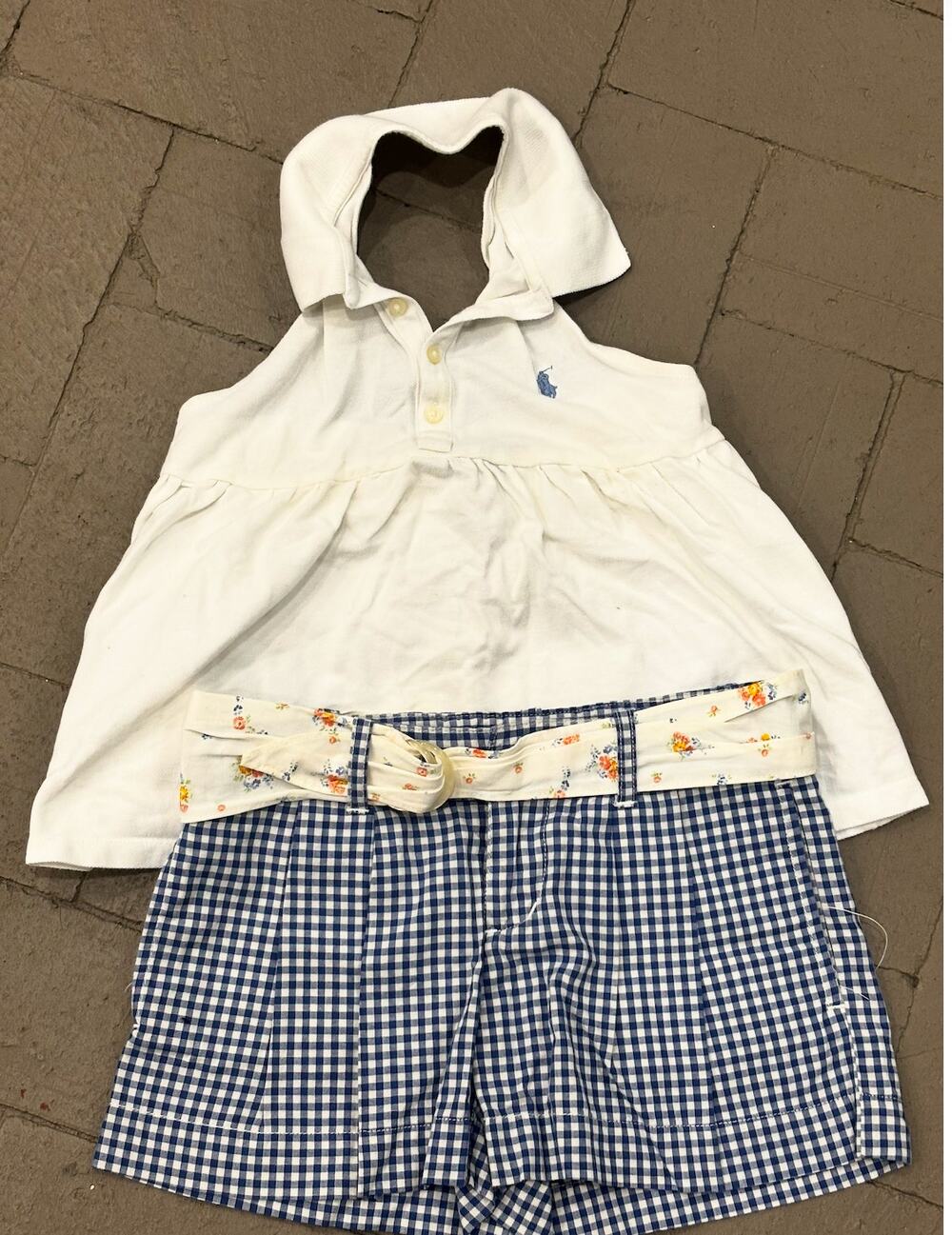 Ralph Lauren Girls 6X Gingham Shorts Blue White Floral Belt Preppy